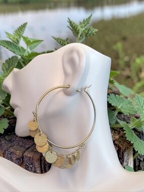 Gold Hoop Earrings with Textured Disc Charms